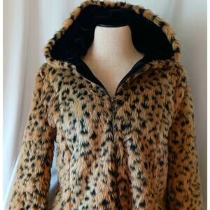 Baluoke Women's Faux Leopard Fur Coat with Hood & Pockets Size Small